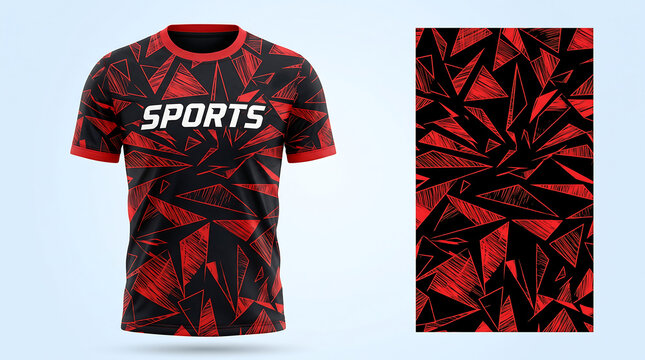T-shirt mockup featuring a modern red and black geometric triangular pattern in a professional studio setting for apparel design presentation