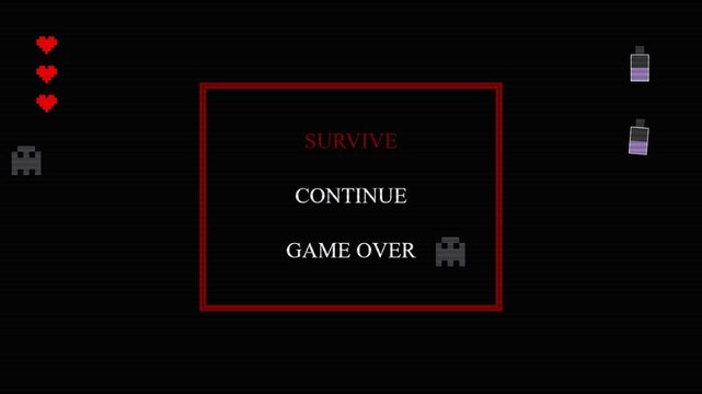 Retro Pixelated Arcade Interface Animation with Glitched Survive Menu and Heart Health Bar for Nostalgic Gaming Content 4k video
