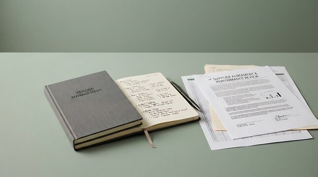 Vendor management notebook and supplier agreement performance review documents resting on office desk
