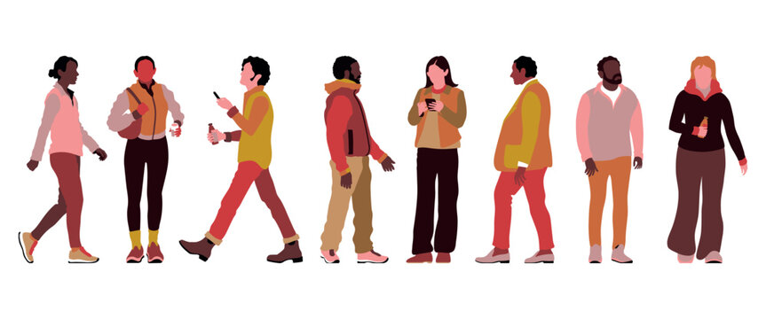 Set of elegant people walking, strolling, and standing and wearing smart casual outfit. Collection of handsome male and female characters different races, body types. Vector handmade drawing card.
