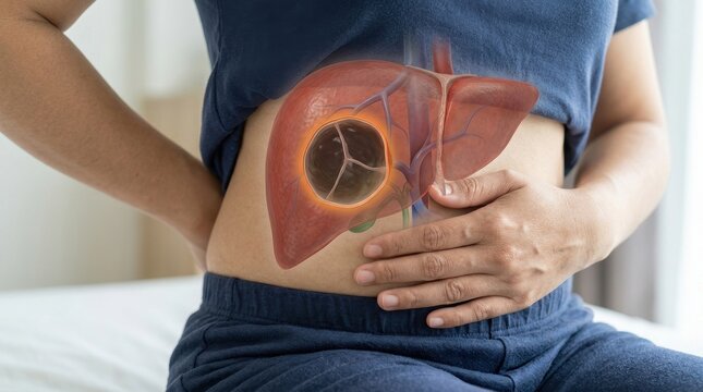 Person holding abdomen with a highlighted liver anatomy overlay in a medical health concept