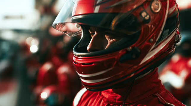 Professional race car driver wearing a bright red protective helmet and uniform suit ready for high speed competition on track circuit event with focused expression in the garage pit lane paddock area