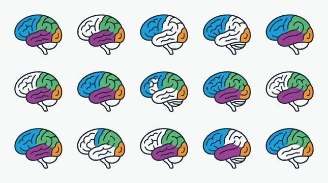Grid of fifteen human brain icons in line art style, illustrating various brain lobes and regions such as the frontal, parietal, temporal, and occipital lobes in different colors.