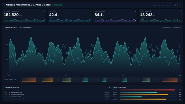 Futuristic ai engine performance analytics monitor with live inference throughput, latency, gpu utilization, node fleet load, for real time data monitoring in 4k