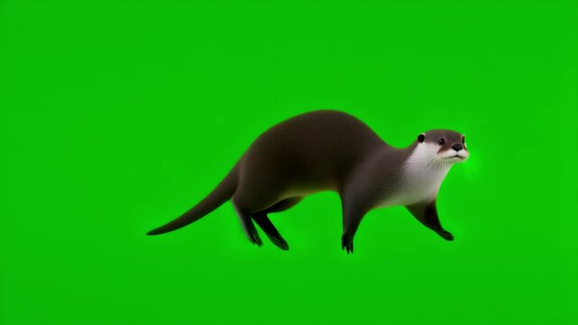 A lively otter runs across a vibrant green screen, perfect for adding wildlife to various projects.