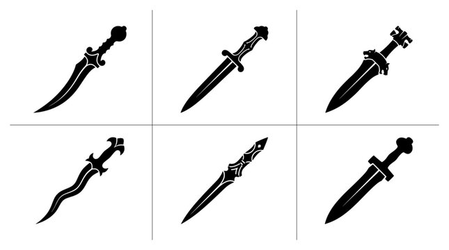 Antique and fantasy swords and daggers, weapon silhouettes set for historical design