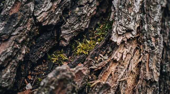 Macro photograph of deeply fissured tree bark with tiny moss patches growing inside narrow crevices, visible woody fibers, minute organic debris and subtle color variation