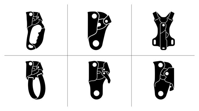 Climbing ascender and descender silhouettes set with harness carabiner and rope clamp for safety gear logo