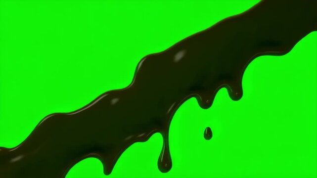 A luscious stream of dark chocolate syrup flows diagonally, creating delicious drips on a vibrant green screen.