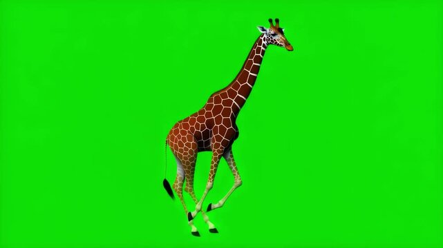 A majestic animated giraffe runs and walks across a vivid green screen, perfect for various creative projects and visual effects.
