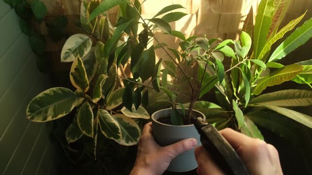 Woman spraying ficus ginseng houseplant. Home gardening, plants care
