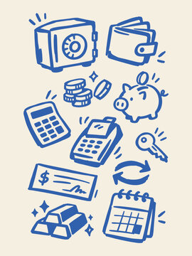 Banking and Savings Hand Drawn Doodle Icons Set with Piggy Bank and Safe