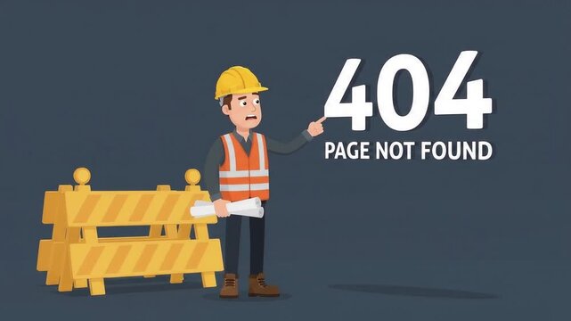 Animated Vector Illustration of a Construction Worker Holding Blueprints and Pointing at a 404 Page Not Found Sign for Web Design Error Concept