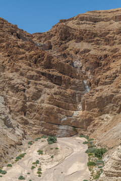 A dried waterfll in the desert as seen from the Qumran Nationl Park in Israel.
