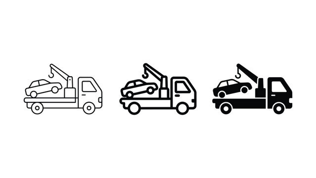 Tow truck towing broken car silhouette vector icon isolated on white background for automotive service
