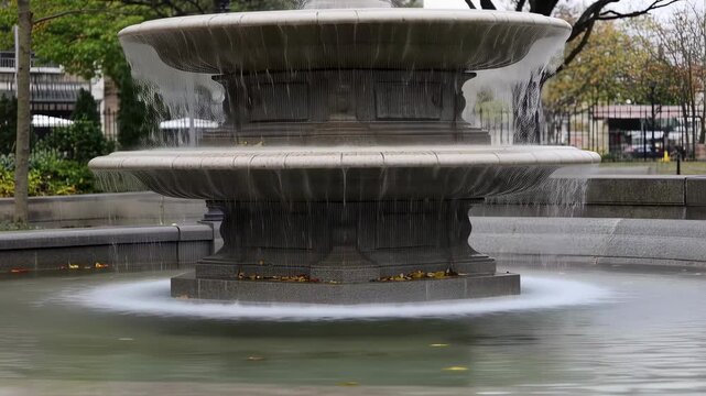 Elegant tiered stone fountain cascading water in a park setting with blurred motion effect