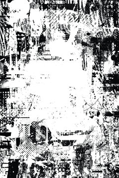 Glitch distorted grungy isolated layers . Design element for brochure, social media, posters, flyers. Overlay texture.Textured banner with Distress effect .Vector halftone dots . Screen print texture
