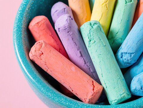 Close up of colorful pastel chalks in turquoise sparkling bowl. Bright pink background creates aesthetic look. Various hues like peach, violet, mint, blue lay inside container. Creative art supplies