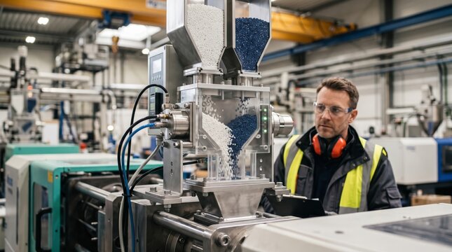 Gravimetric dosing equipment precisely blends polymer pellets and color masterbatch during plastic production, illustrating raw material savings and efficient manufacturing control.