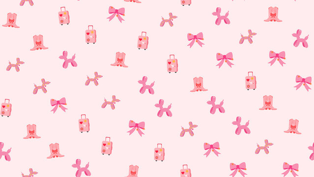 Pink Cowboy Boots, Suitcases, Balloon Dogs, and Bows Pattern
