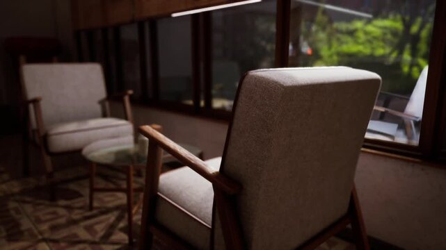 Two inviting chairs sit beside a small glass table in a sunlit corner. The warmth from the sunlight filters through the window, highlighting the natural greenery outside.