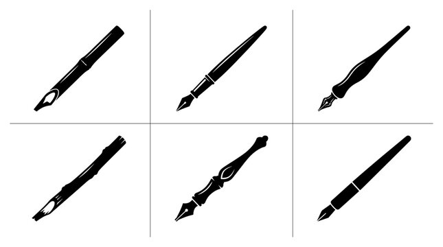 Fountain pen and quill nib silhouettes set for writing and calligraphy, business and education