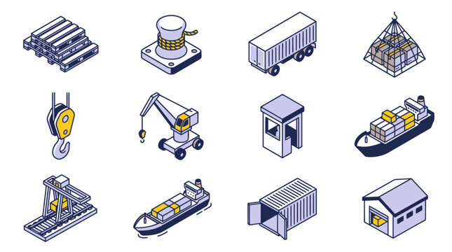 Minimalist Isometric Icons Set of Colorful Industrial Logistics and Warehouse Equipment for Stock