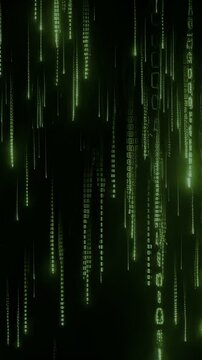 Glowing green code streams fall through a black digital field. Cybersecurity presentations, technology advertising, and software explainers.