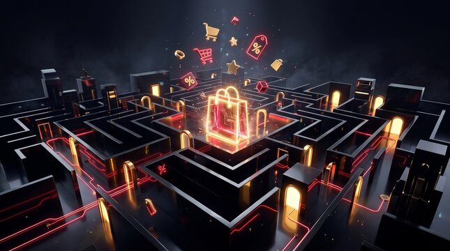 Black Friday shopping maze with glowing neon shopping bag and discount symbols