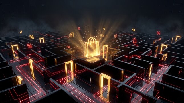 Glowing Shopping Bag in a Neon Maze for Black Friday Sale Concept
