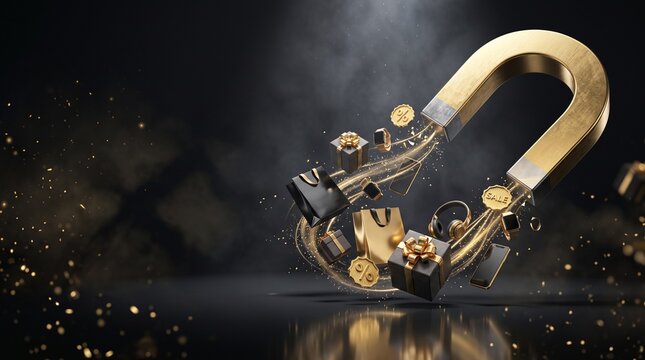 Gold magnet attracting shopping bags and gifts for Black Friday sale