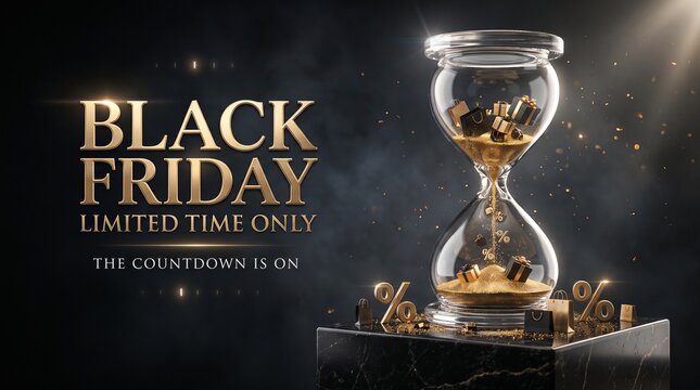 Black Friday sale advertisement with a golden hourglass and gift boxes