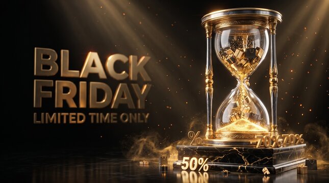 Black Friday sale concept with golden hourglass and shopping gifts