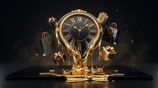 Black Friday luxury melting clock with golden gifts and shopping bags