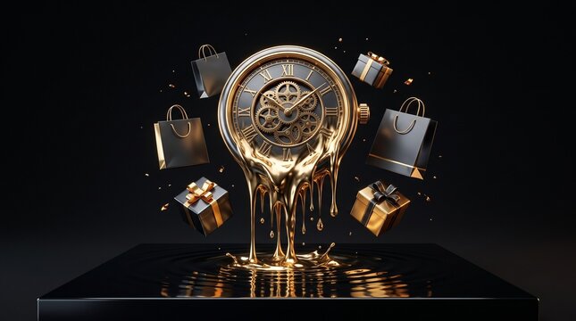 Black Friday luxury sale concept with a melting gold clock and gift boxes