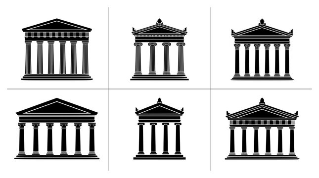 Ancient Greek temple silhouettes set with columns and pediments for architecture, logo, signage
