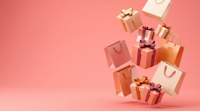 3D shopping bags and gift boxes floating on a coral background