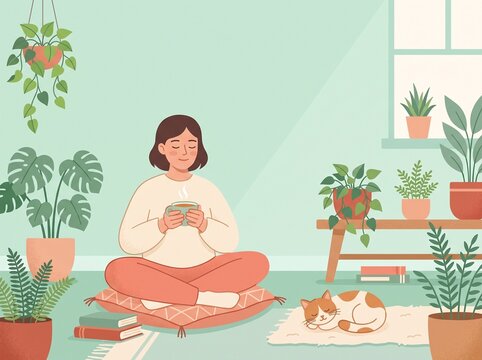 Flat illustration of a person relaxing with tea and plants
