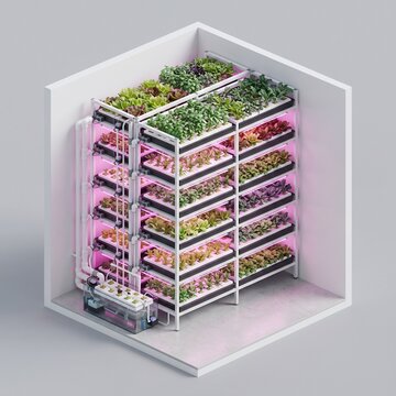 Isometric 3D vertical farm with lettuce under grow lights