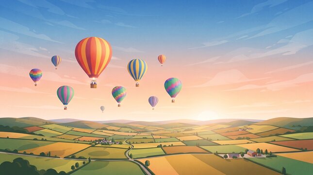 Flat illustration of hot air balloons over patchwork fields