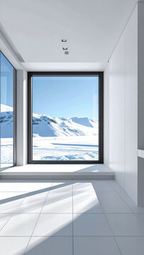 モダンで清潔感のある白い部屋から雪景色が広がる大きな窓の眺めと床に落ちる日差しのコントラスト　シンプルで開放的な室内空間と冬の静寂を感じさせる景色が融合したインテリアデザイン素材　住宅の広告やカタログの表紙、Webサイトのメインビジュアル、高級感のある暮らしを提案する記事の挿絵、ライフスタイルを彩るポスターや雑誌の誌面、不動産物件の紹介用イメージ