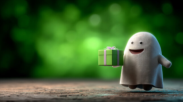 Cute little ghost character holding a green wrapped gift box against a dark background