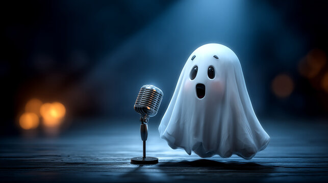 Cute white ghost singing into a vintage microphone under blue spotlight