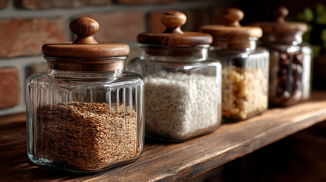 Square glass jars with wooden lids containing grains and seeds on a shelf jar dry goods