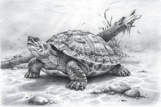 Old tortoise crawling on sandy ground
