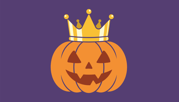 Royal halloween pumpkin wearing an ornate golden crown, grinning mischievously on a rich royal purple background.