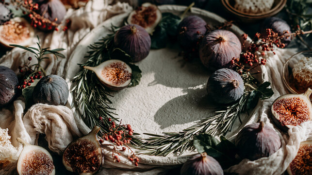 Fresh figs arranged in a festive wreath layout with rosemary sprigs on a rustic surface