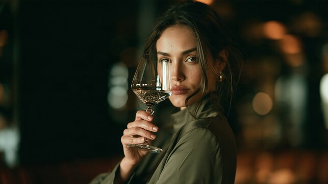 A close-up, highly atmospheric shot of an attractive young woman with freckles looking mysteriously through a crystal wine glass in a dimly lit, luxurious lounge environment.
