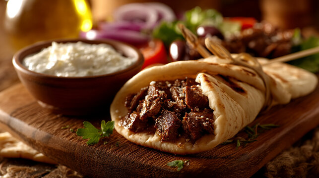 Traditional greek souvlaki wrap with tzatziki sauce on wooden board gyros meat pita