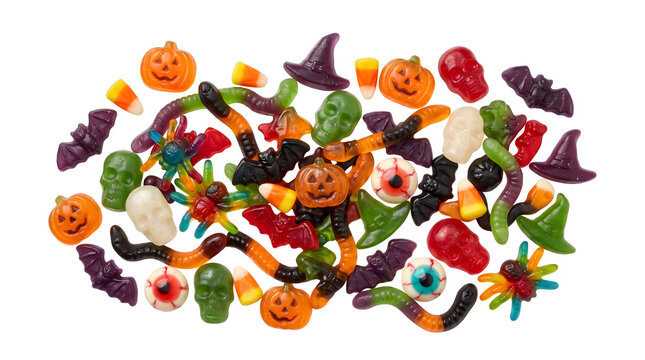 Halloween Gummy Candy Assortment with Ghosts, Pumpkins, Bats, and Candy Corn Isolated on Transparent Background PNG